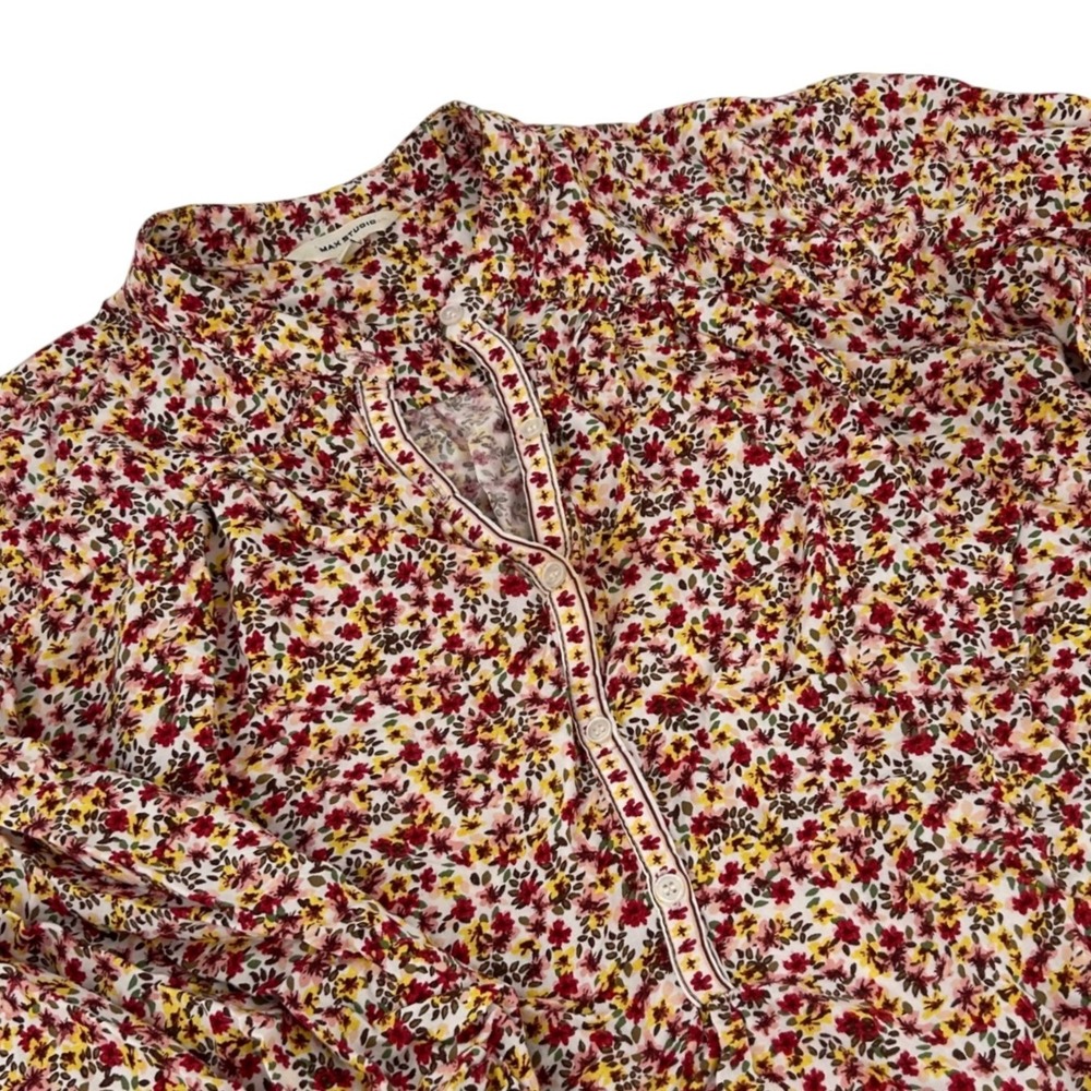 Max Studio Womens Floral Print Rayon Blouse Red Yellow Size M 1707G38